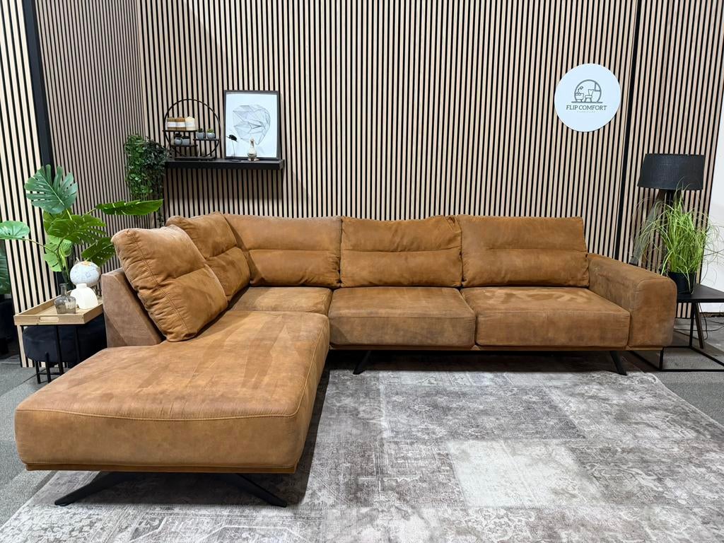“GRATIS LEVERING” Gave cognac hoekbank! 280x220, 125 tot 150 cm, Kunstleder, cognac,hoek, Hoekbank, Ophalen of Verzenden