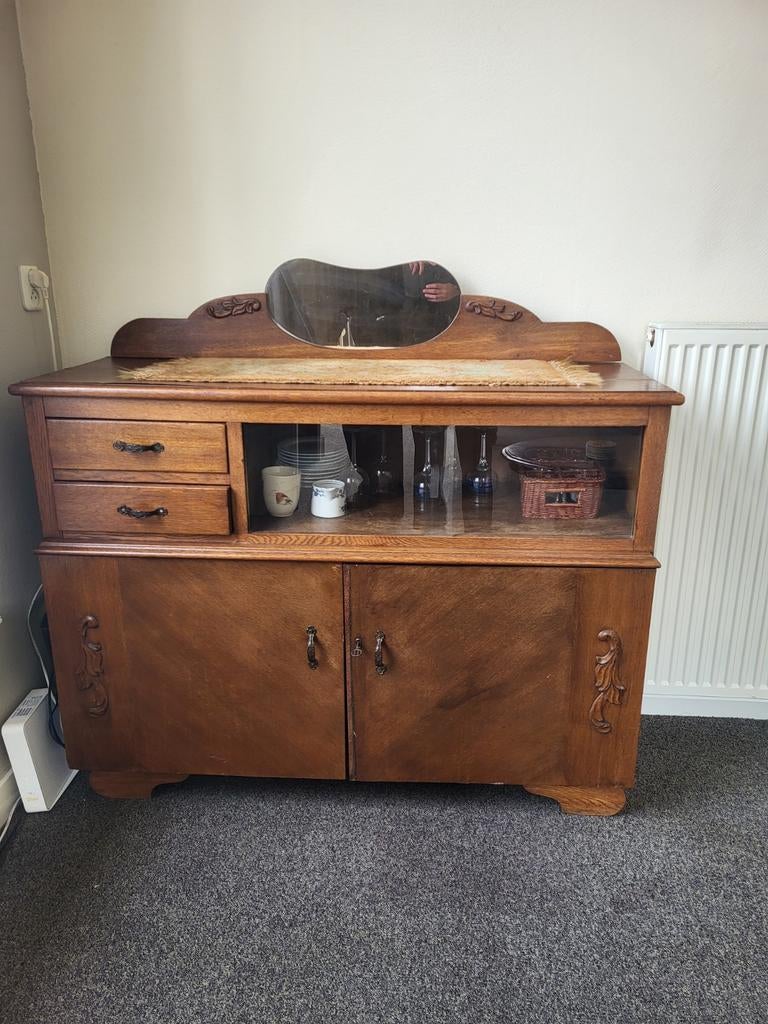 Antieke houten kast met spiegel en lades, Ophalen of Verzenden