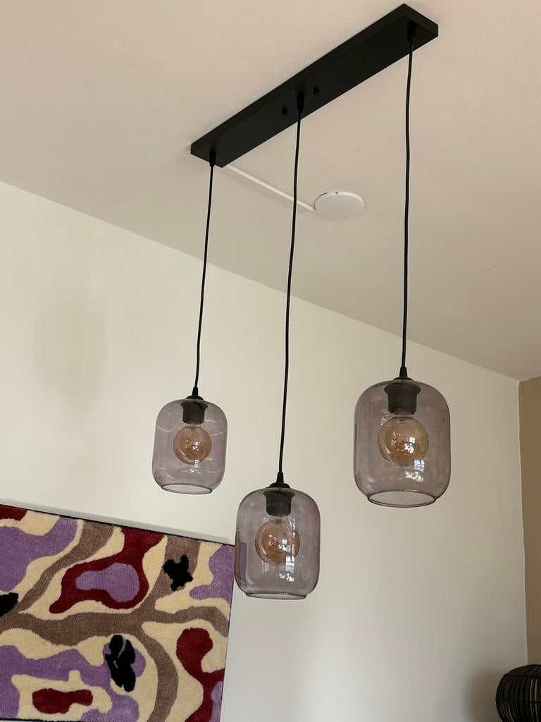 Hanglamp 3x Gerookt Glas, in hoogte verstelbaar, Ophalen, Gebruikt, Modern, Industrieel, Glas