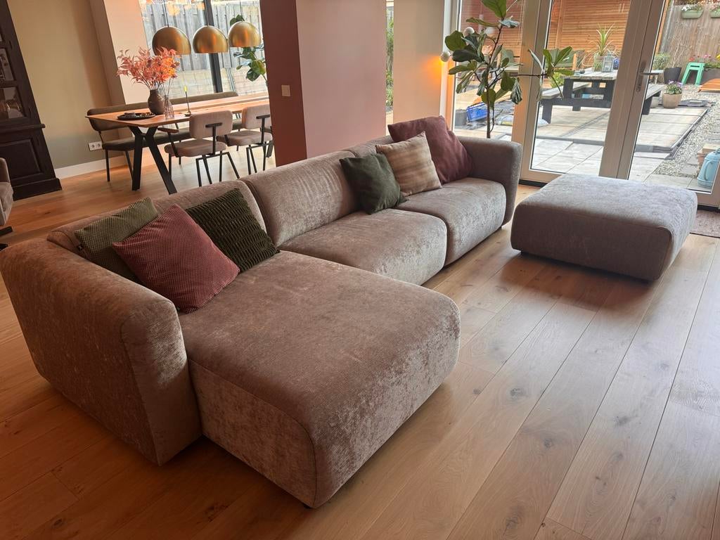 Luxe loungebank met chaise longue en poef (hocker), Huis en Inrichting, Ophalen, Hoekbank, 300 cm of meer, Zo goed als nieuw