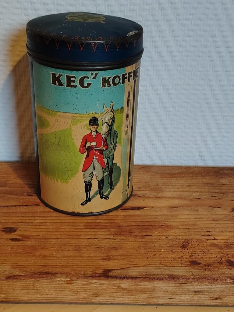Vintage Keg's Koffie blik met ruiter en paard, Verzamelen, Blikken, Ophalen of Verzenden