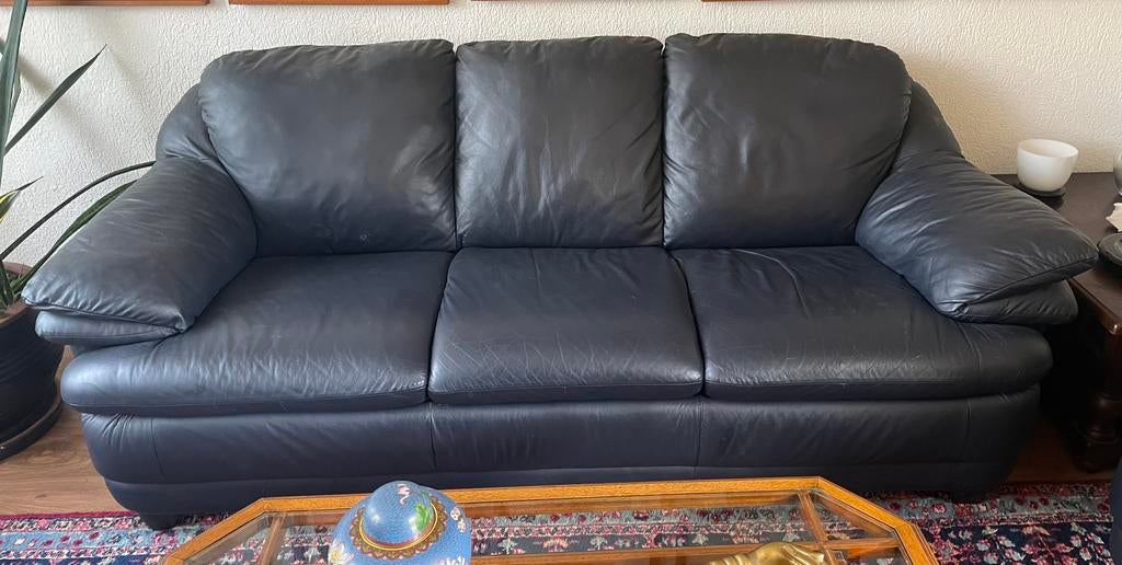 Natuzzi (donker)blauwe banken, Huis en Inrichting, Ophalen, Gebruikt, 200 tot 250 cm, Leer