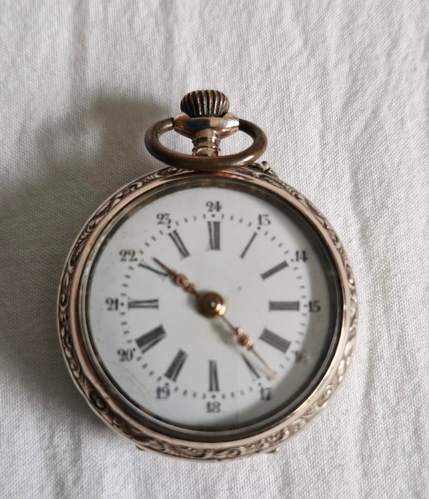 Zilver Antiek zakhorloge met gravering cylinder 6 rubis, Ophalen of Verzenden, Zilver, Overige merken