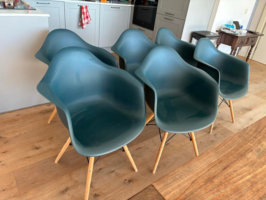 Set van 6 blauw eetkamerstoelen, Gebruikt, Overige kleuren, Vijf, Zes of meer stoelen, Ophalen