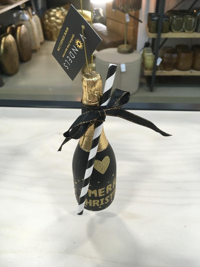Vondels kerstornament champagne fles zwart met goud Nieuw!, Diversen, Kerst, Nieuw, Ophalen of Verzenden