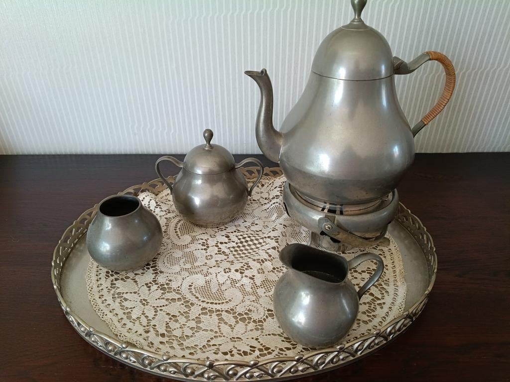 Antiek tinnen theeservies met dienblad, Antiek en Kunst, Antiek | Tin, Ophalen