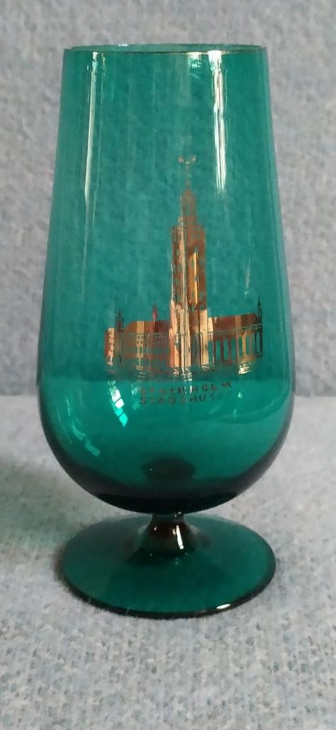 Scandinavische MCM blauwgroene glazen vaas op voet Stockholm, Ophalen of Verzenden