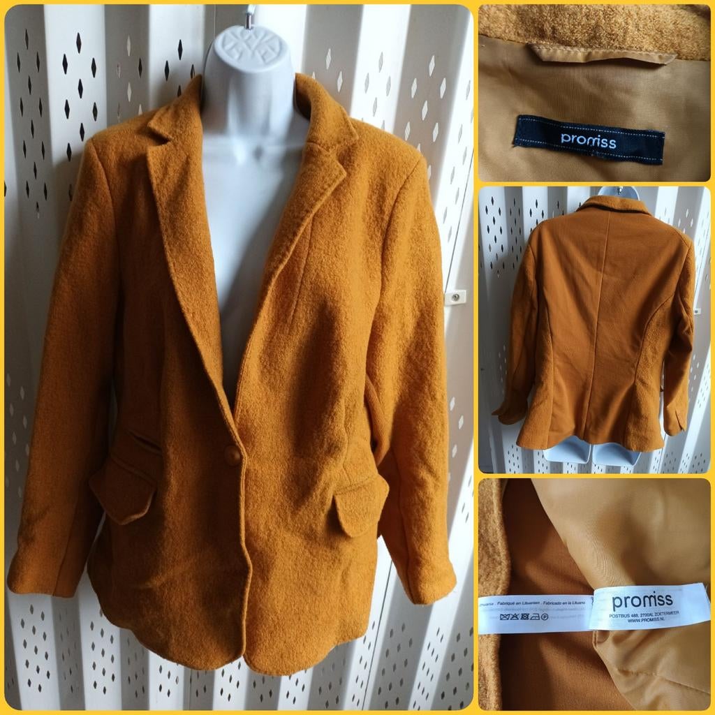 Promiss okergele dames blazer scheerwol stretch klepzakken L, Promiss, Geel, Maat 42/44 (L), Ophalen of Verzenden
