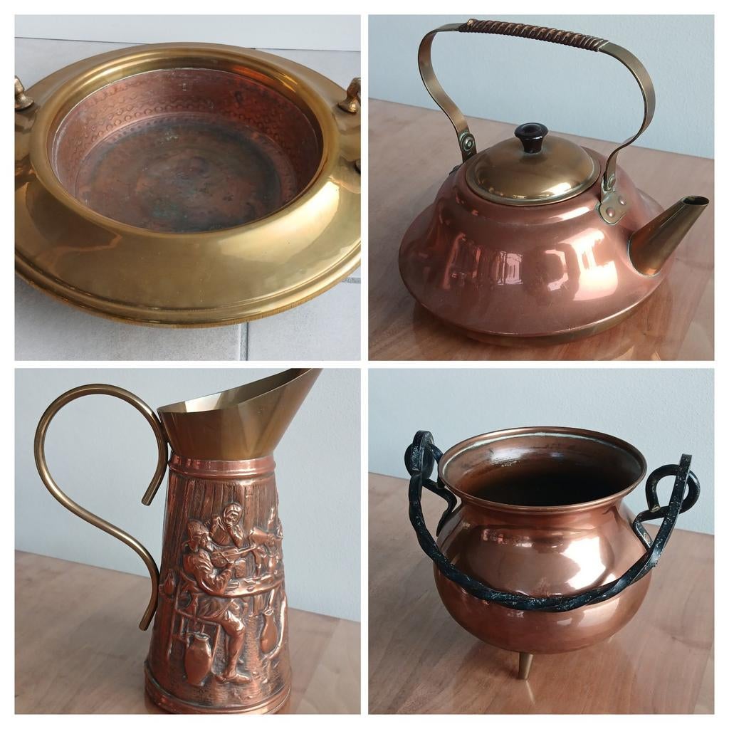 Diverse oud koper schaal-kan-ketel-theepot, Antiek en Kunst, Ophalen of Verzenden