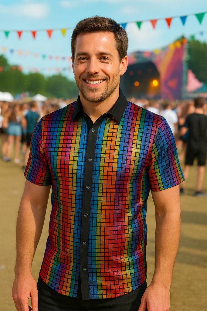 Heren Regenboog Disco Blouse – Metallic - Maat XL, Niet ingevuld, Niet ingevuld, Niet ingevuld