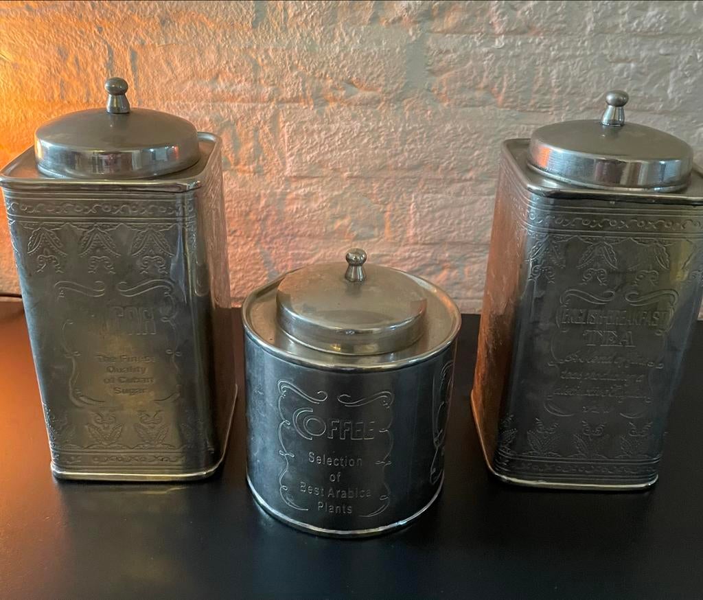 Vintage Verzilverde Voorraadpotten - Koffie, Thee, Suiker, Antiek en Kunst, Antiek | Keukenbenodigdheden, Ophalen of Verzenden