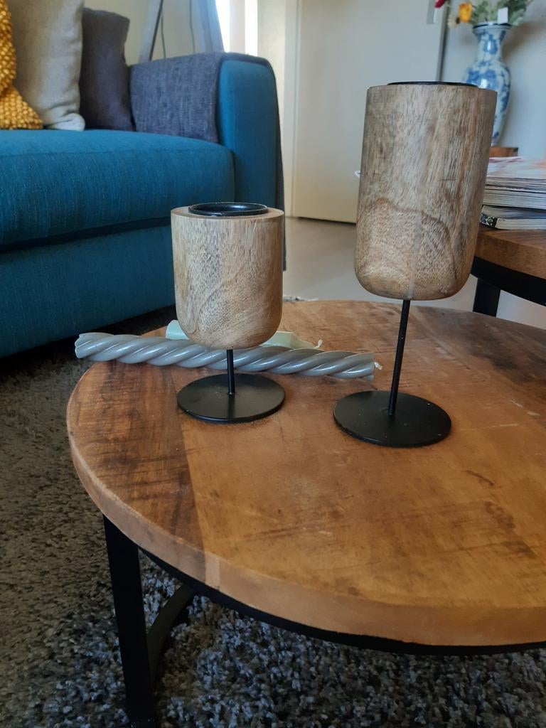 Kandelaars mangohout zwart kaarthouder, Zwart, Ophalen of Verzenden, Zo goed als nieuw, Hout