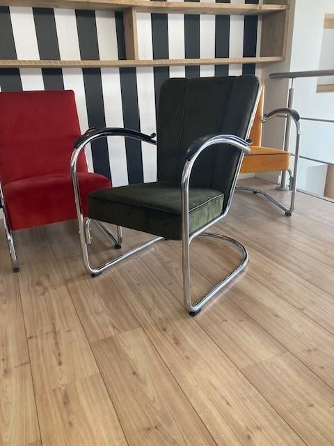 Gispen 412 fauteuil, chroom, nieuwe mosgroene ribstof, Design, 75 tot 100 cm, Zo goed als nieuw, Stof