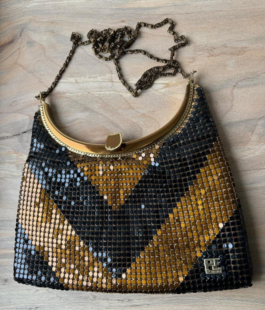 Vintage PE Florence Tas Goud Zwart 24 cm, Ophalen of Verzenden, Zwart, Schoudertasje