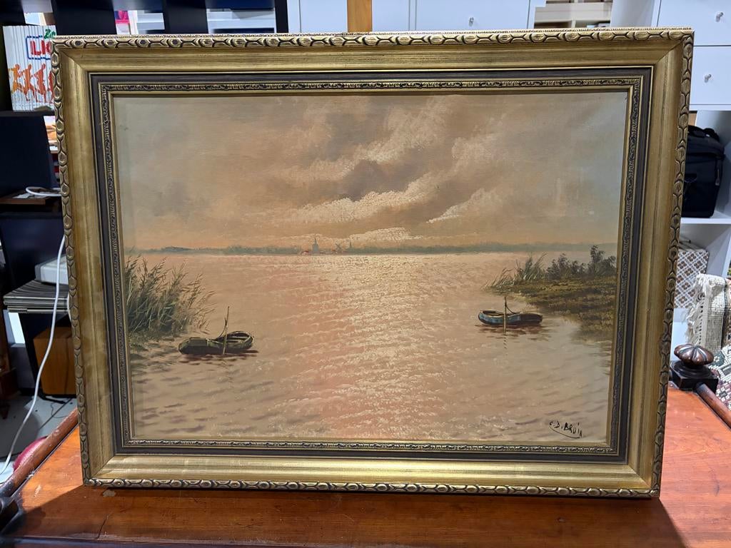 Schilderij van C.D. Bruin: Hollands Landschap met boten, Ophalen of Verzenden