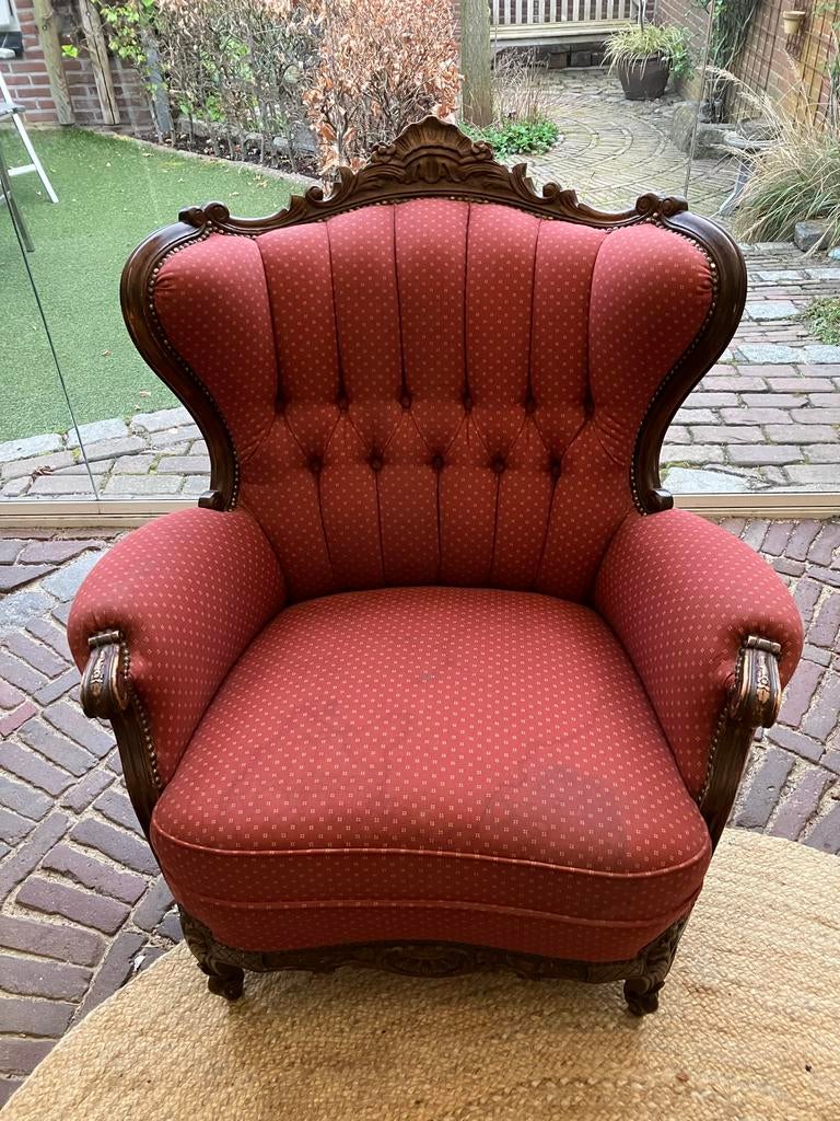 Klassieke Louis XV fauteuil met gecapitonneerde rug, Ophalen, Gebruikt, Minder dan 75 cm, 50 tot 75 cm