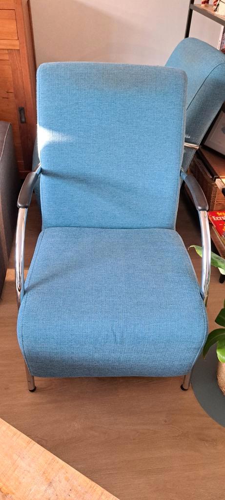 Woods fauteuil. (2 beschikbaar), Huis en Inrichting, Fauteuils, Gebruikt, Hout, Metaal, Stof, Minder dan 50 cm, Minder dan 75 cm