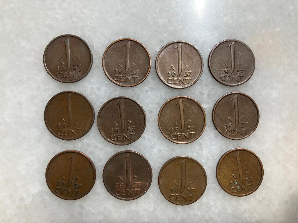12 Centen 1957, Ophalen of Verzenden, Koningin Juliana, 1 cent, Losse munt