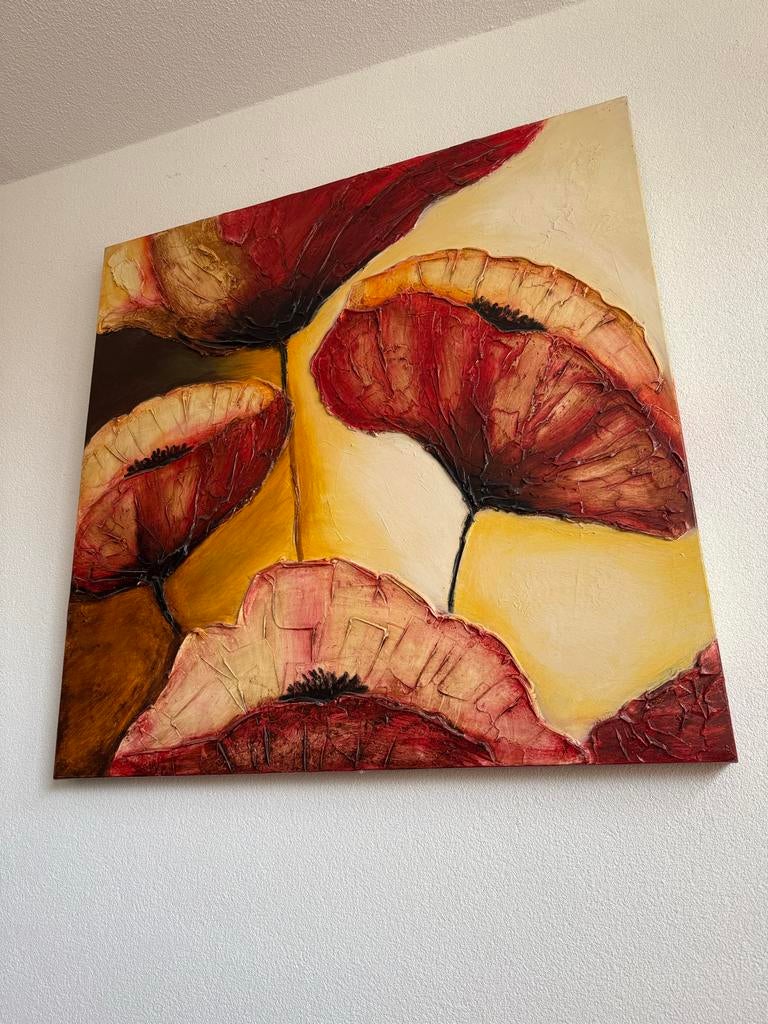 Groot Schilderij Rode Klaprozen - 100x100 cm, Antiek en Kunst, Ophalen