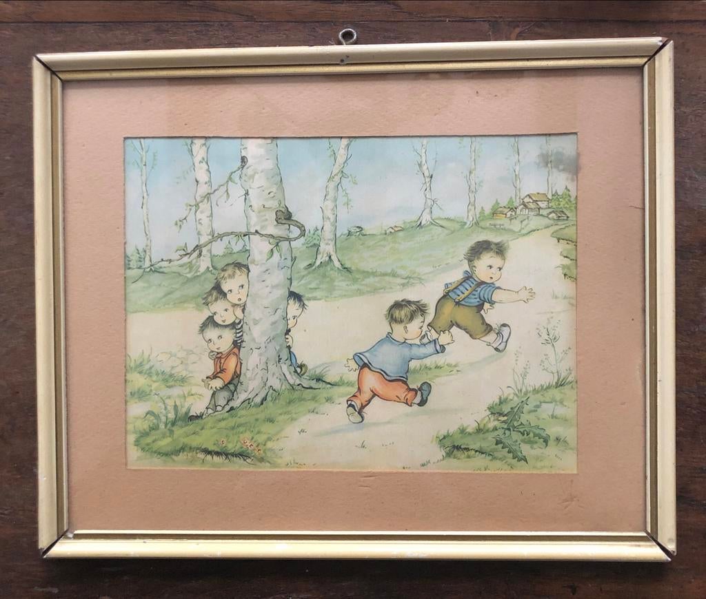 Vintage kinderprent: verstoppertje spelende kinderen, Ophalen of Verzenden, Zo goed als nieuw, Voor 1940, Prent