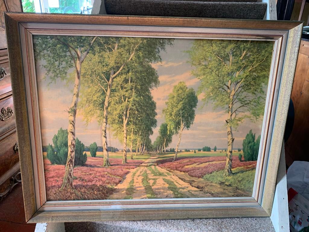 Vintage Schilderij: Heideweg met Berkenbomen, Antiek en Kunst, Kunst | Schilderijen | Klassiek, Ophalen