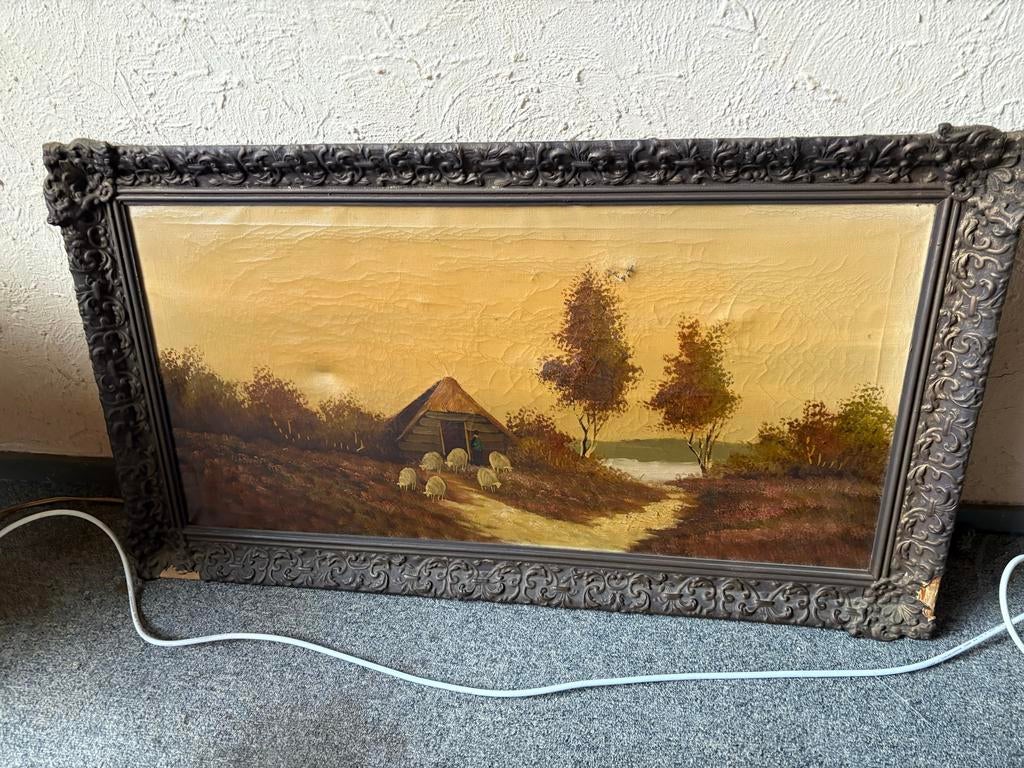 Oud schilderij met landschap en schapen, Ophalen