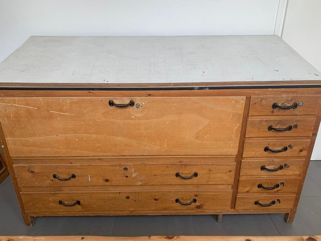 Antieke vintage werkbank drukkerij industieel, Ophalen, Gebruikt, 3 of 4 laden, Minder dan 100 cm