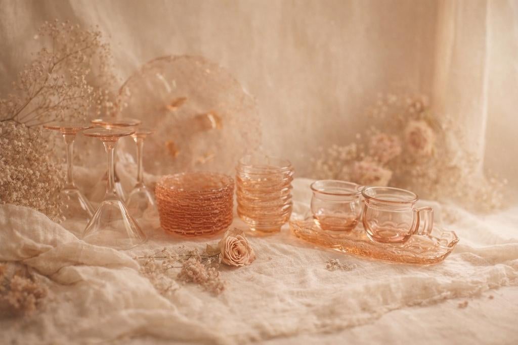 Vintage roze glas servies set – Made in France, Ophalen of Verzenden