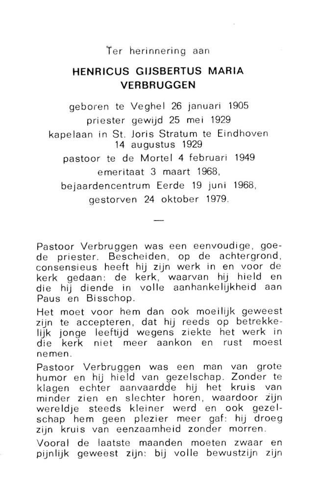Verbruggen Henricus 1905 Veghel 1979 Eerde, Ophalen of Verzenden, Bidprentje