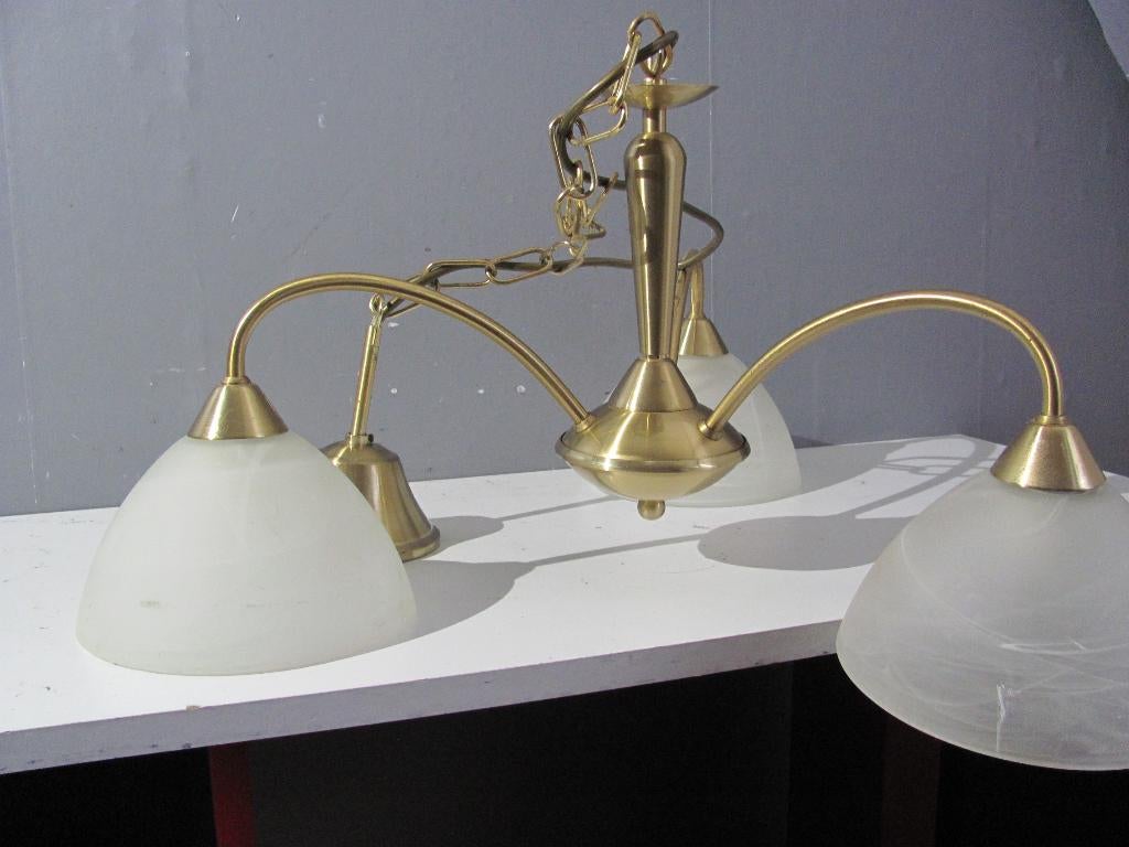Messing hanglamp met 3 glazen kelken (16 x 10cm), Ophalen, Zo goed als nieuw, Glas, 75 cm of meer