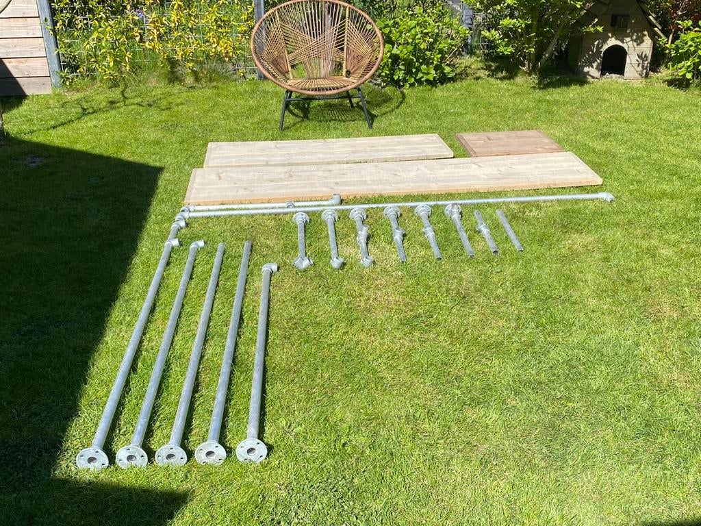 Steigerbuizen, koppelingen en steigerhouten bladen, Ophalen, Met plank(en), Gebruikt, 100 tot 150 cm