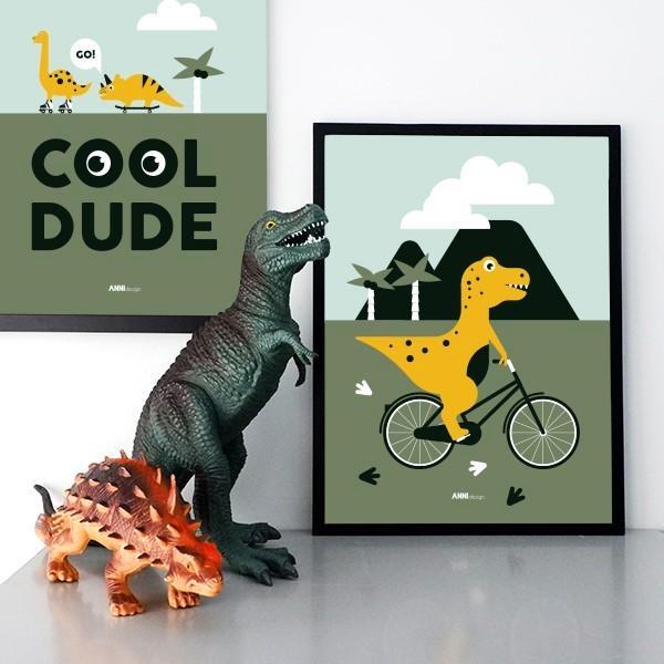 Kinderposter Muurposter Poster Dino op Fiets ANNIdesign, Verzamelen, Posters, Nieuw, Overige onderwerpen, A1 t/m A3, Rechthoekig Staand