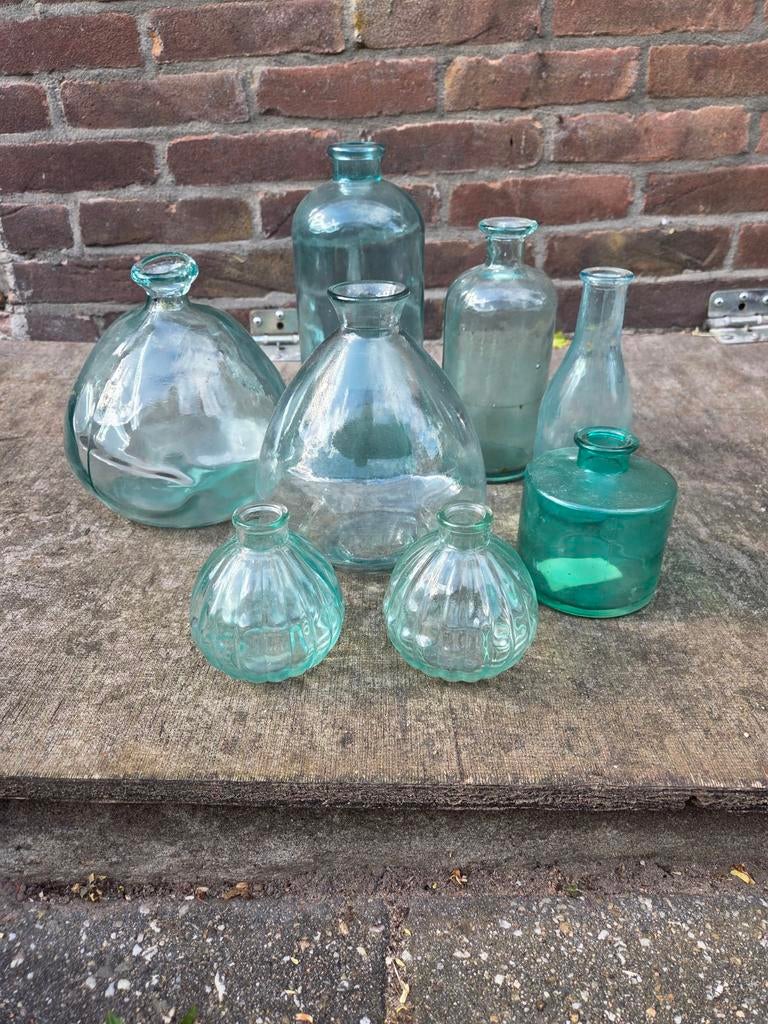 Set groene vaasjes, Huis en Inrichting, Woonaccessoires | Vazen, Ophalen, Minder dan 50 cm, Groen, Glas