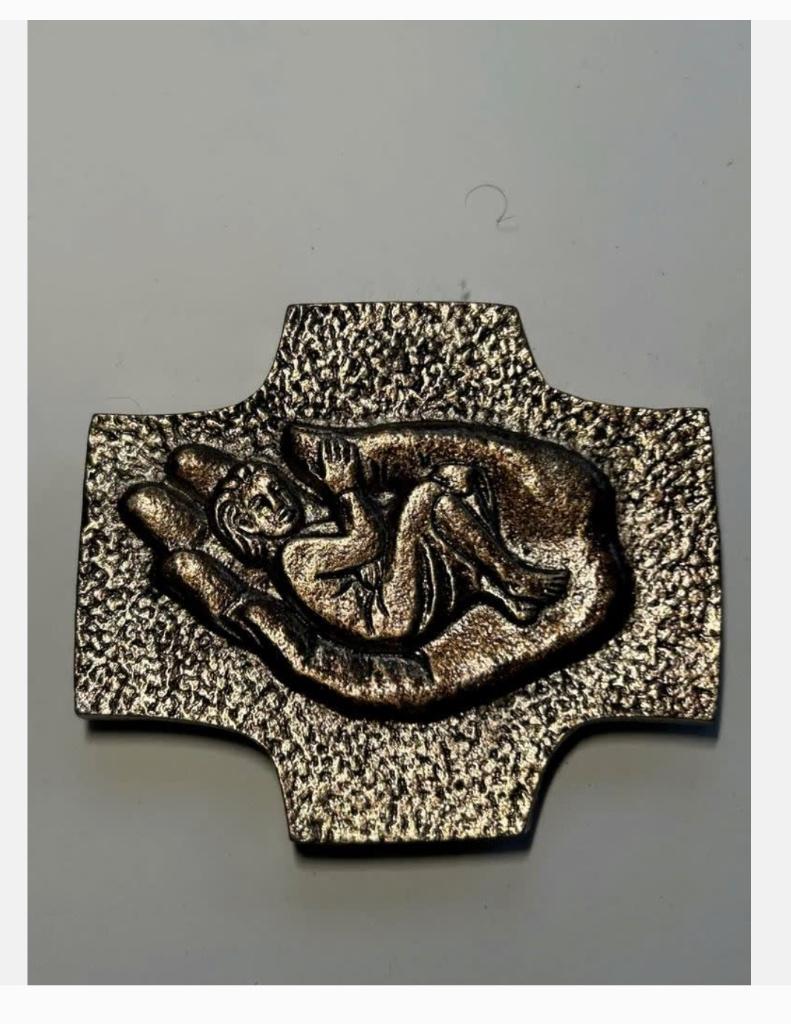 Brocante Metalen Plaquette afbeelding “in Gods hand”, Antiek en Kunst, Antiek | Religie, Ophalen of Verzenden