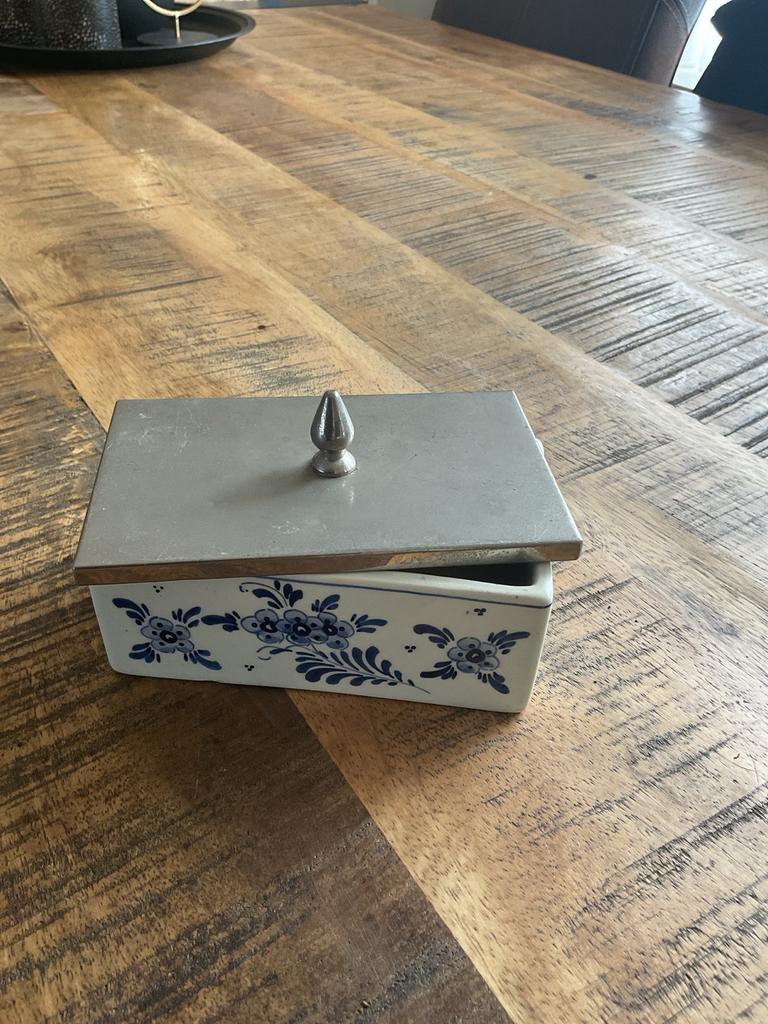 Antiek Delfts Blauw Botervlootje met Tinnen Deksel, Ophalen of Verzenden