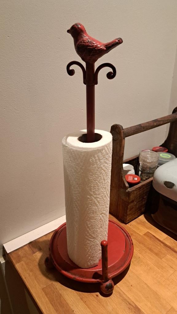 Keukenrolhouder rood gietijzer look met vogeldecoratie, Ophalen, Zo goed als nieuw
