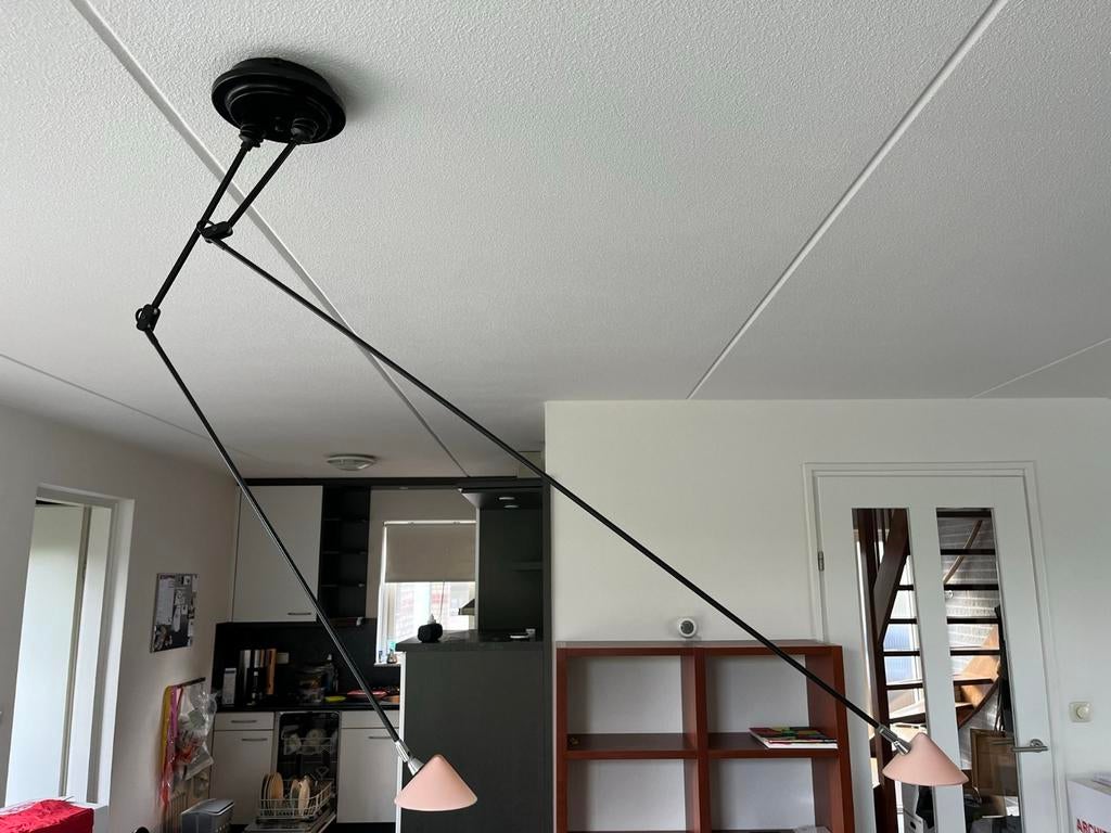 Halogeen plafondlamp verstelbaar met roze kelkjes., Ophalen, Gebruikt, Metaal, Modern