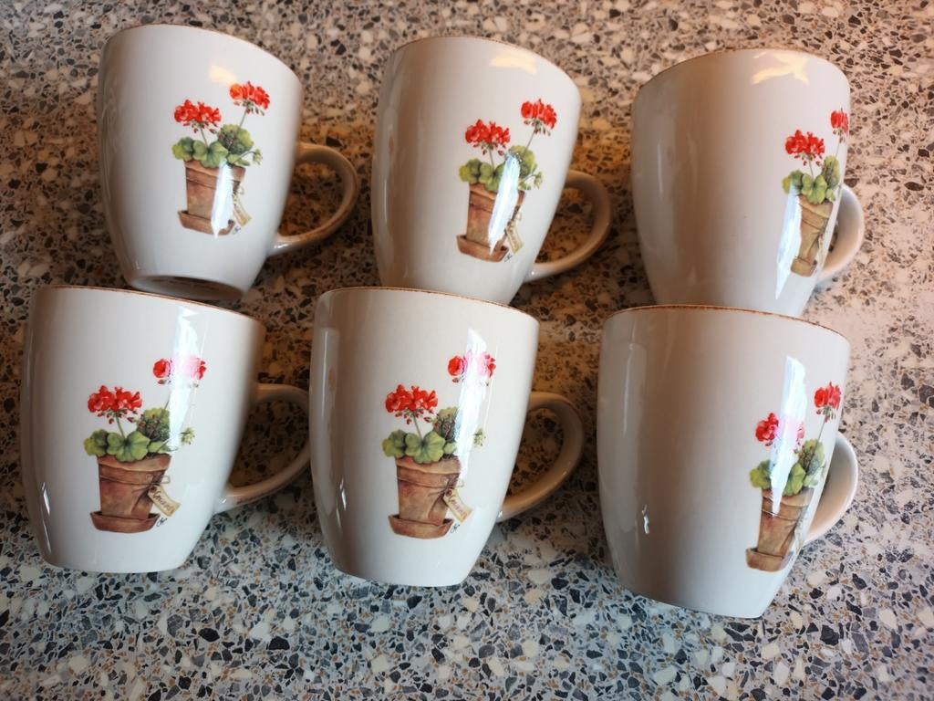 6 mokken Jet Geranium, Ophalen of Verzenden, Zo goed als nieuw, Overige stijlen, Kop(pen) en/of Schotel(s)