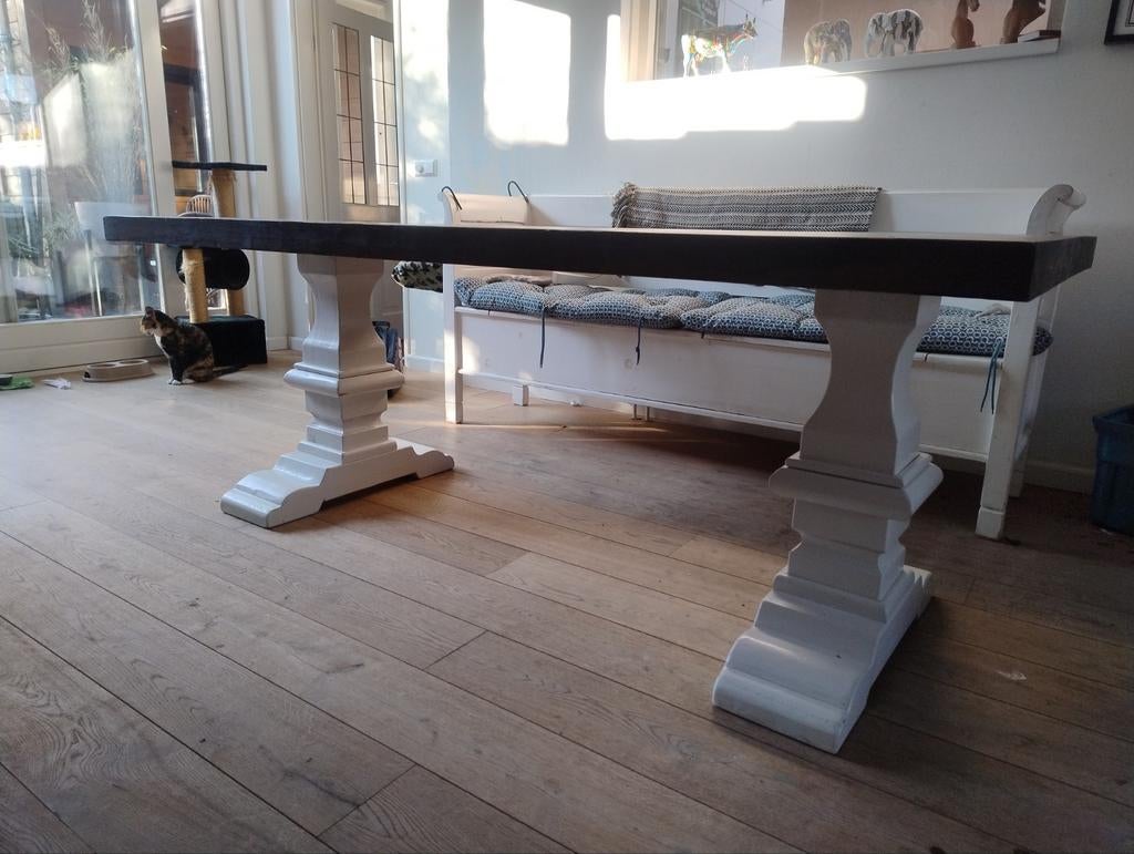 Kloostertafel 200x100 cm - Wit/Donkergrijs - Geleefd!, Huis en Inrichting, Tafels | Eettafels, Gebruikt, Landelijk, Robuust, 200 cm of meer