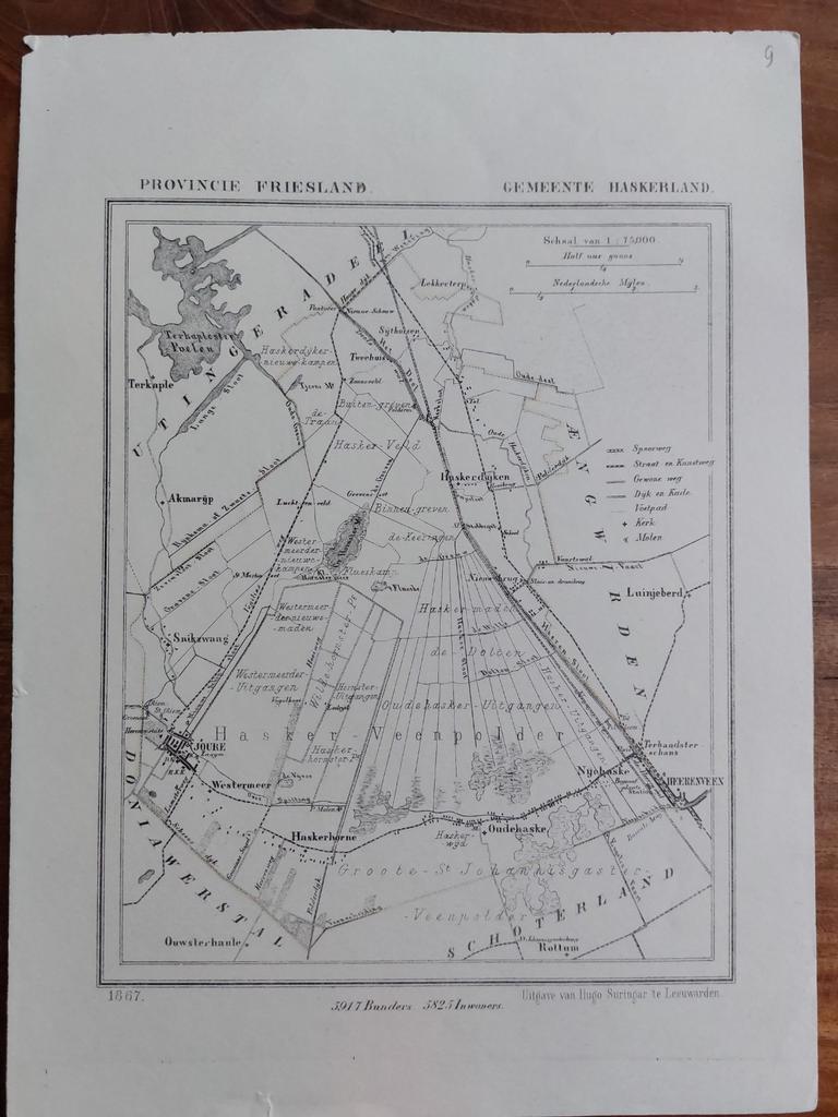 9 / Haskerland Joure Heerenveen Litho uit 1867 van J. Kuyper, Ophalen of Verzenden