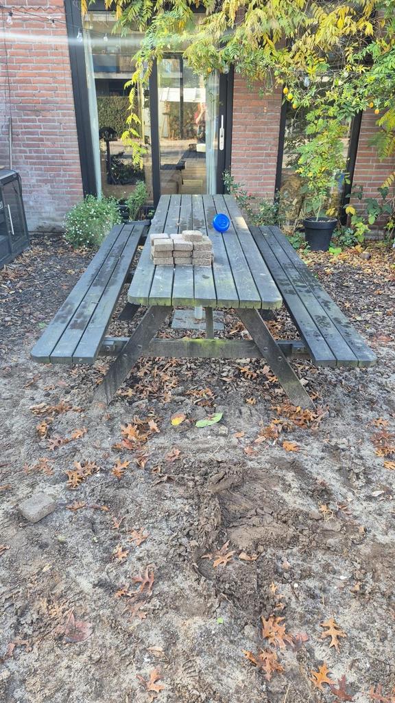 Zwarte picknicktafel met 4 antraciet kussens, Tuin en Terras, Picknicktafels, Ophalen of Verzenden, Gebruikt, Rechthoekig, Hout