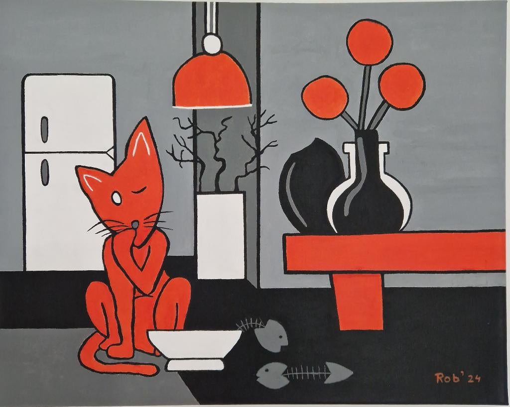 abstracte kat , zelf geschilderd op doek met acryl, Ophalen