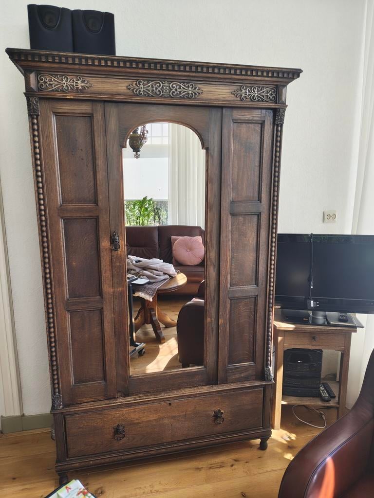 Antieke Eikenhouten Kledingkast met Spiegel, Antiek en Kunst, Antiek | Meubels | Kasten, Ophalen