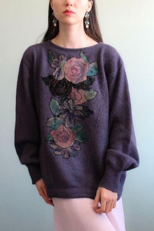 Vintage mohair trui met fluweel paars S M, Kleding | Dames, Truien en Vesten, Zo goed als nieuw, Maat 38/40 (M), Paars, Ophalen of Verzenden