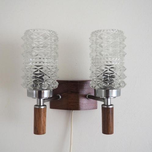 1960S - Deense Wandlamp - Glas met Teak, Huis en Inrichting, Lampen | Wandlampen, Gebruikt, Glas, Hout, Metaal, Verzenden