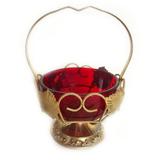 Antieke Engels bonbonschaaltje rode glas met handvat goud