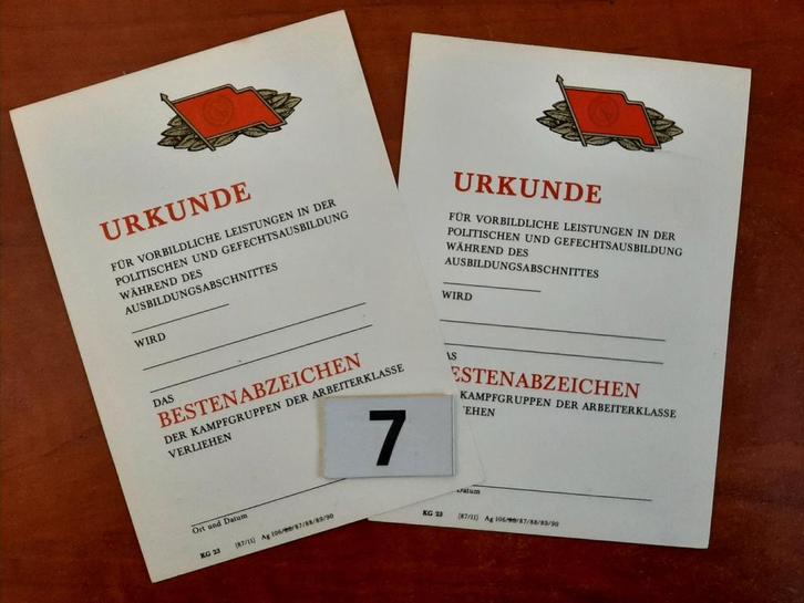 Oorkonde Urkunde Bestenabzeichen NVA DDR, Verzamelen, Militaria | Algemeen, Landmacht, Lintje, Medaille of Wings, Duitsland, Ophalen of Verzenden