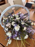 Witte plukmand met paarse en witte en lila bloemen, Huis en Inrichting, Ophalen of Verzenden, Zo goed als nieuw