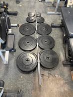 Olympische halter stang met gewichten bumperplates 77,5 kg, Ophalen, Gebruikt, Olympische halter stang, Met