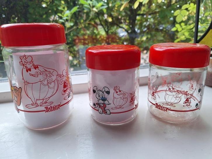 Asterix - 3 glazen opbergpotten met Plastic deksels, Verzamelen, Stripfiguren, Zo goed als nieuw, Gebruiksvoorwerp, Asterix en Obelix
